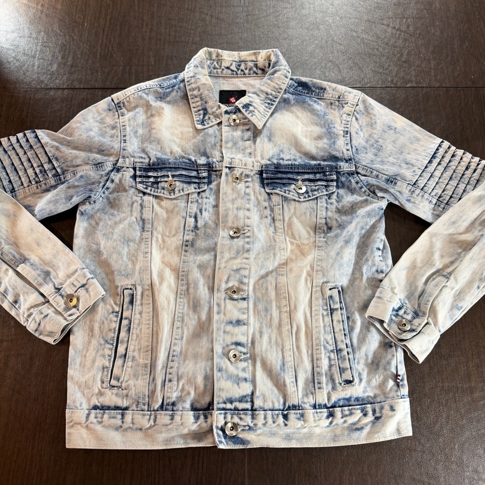 South Pole Acid Wash Trucker Distressed Denim Blue Jean Moto Jacket Sz Small